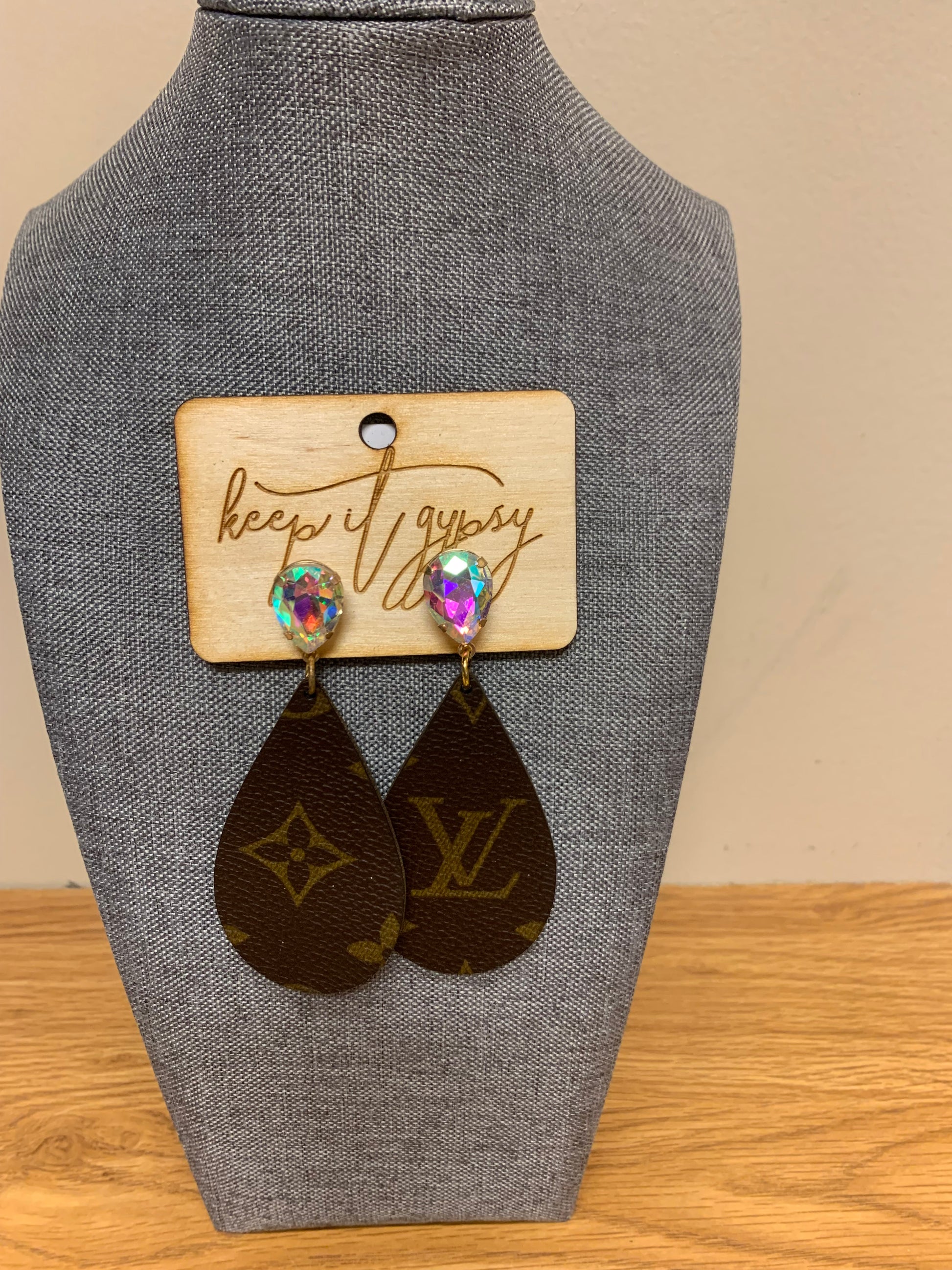 Brown LV Leather Teardrop & Apricot Crystal Stone Earrings
